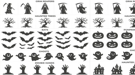 Fototapeta premium Black-and-white graphic collection features Halloween icons including skeletons, bats, jack-o'-lanterns,.