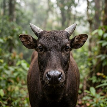 Wild Bovine Animal Gazing Intently in Lush Tropical Rainforest Environment.