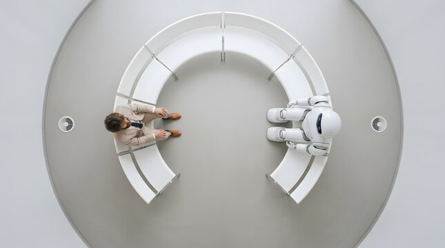 A man sits opposite a robot inside a large spherical structure, with a crescent-shaped bench between them