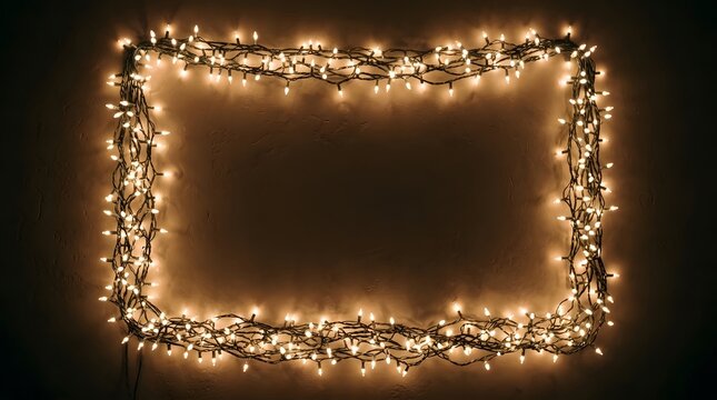A festive rectangular frame crafted from warm twinkling christmas lights creating a cozy holiday atmosphere