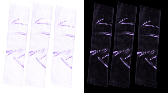 Transparent plastic tape strips with adhesive texture, wrinkled clear cellophane tape set, realistic sticky tape overlays for mockups