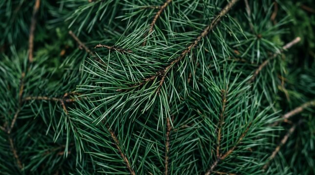 Close-up view of vibrant pine needles reveals intricate details of a fresh evergreen branch against a dark.