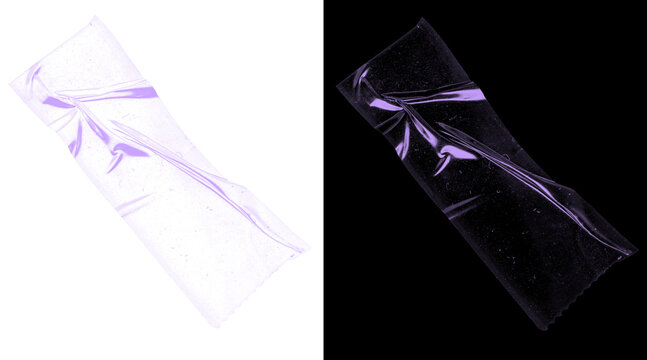Transparent plastic wrap texture, wrinkled cellophane overlay on black and white background, clear poly film material