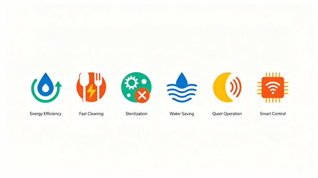 Flat dishwasher color function icon, energy-saving and intelligent control washing, suitable for product introduction pages and overseas e-commerce promotion.
