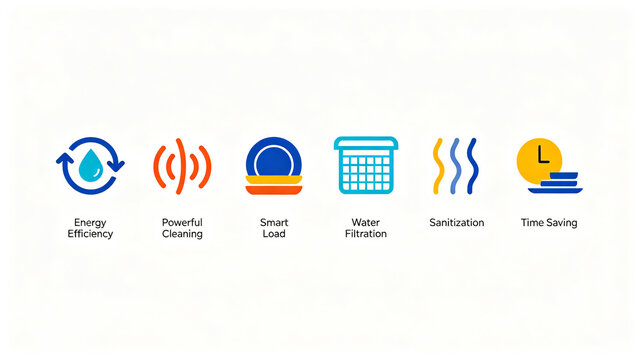 Simple dishwasher function icon, powerful cleaning and water purification disinfection and sterilization, applicable to product selling point map and cross-border e-commerce promotion.
