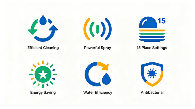 Dishwasher function vector icon, representing the concept of clean and water-saving, large capacity sterilization, suitable for promoting home appliance details and product selling points.
