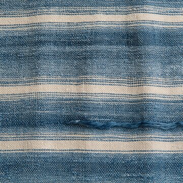 Abstract indigo cloth background with a hand-loomed weave and irregular slub, featuring a tactile matte texture for layout grounds