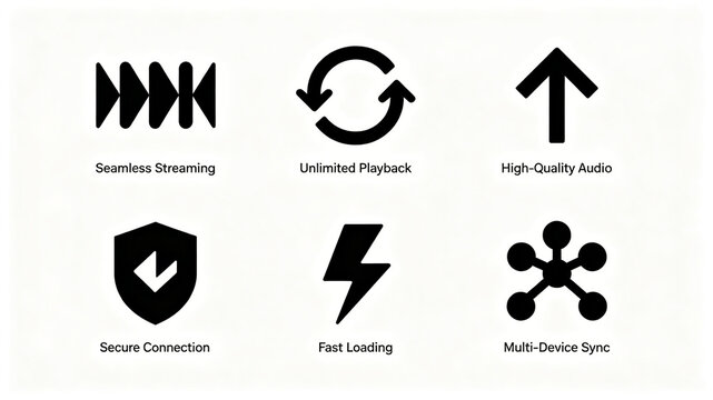 Audio device selling point icon group, representing lossless streaming and multi terminal synchronization concepts, suitable for digital advertising and product selling point display.
