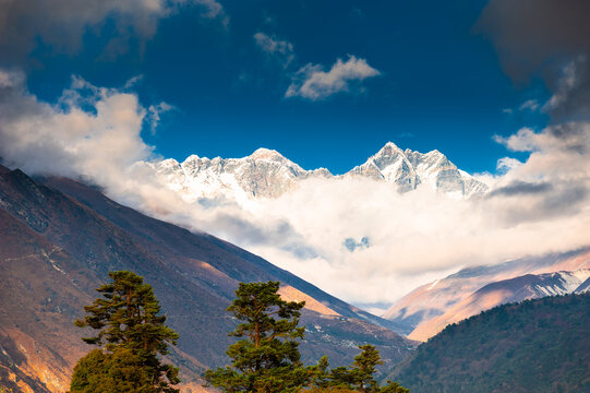 View of Everest, Lhotse and Nuptse mountains from Tengboche village in Himalayas, Nepal. Khumbu valley, Sagarmatha national park.