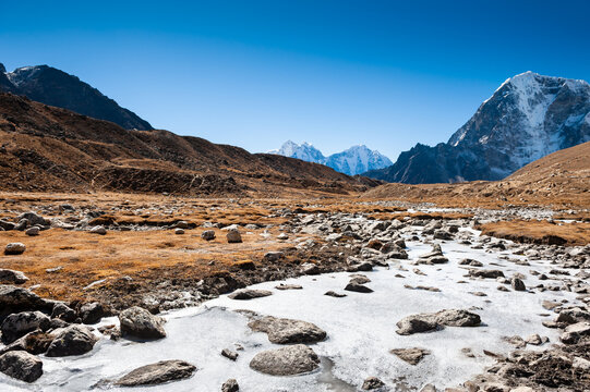 Himalaya mountains, Nepal. Ice on a high mountain river on a frosty morning. Khumbu valley, Everest region, Nepal. Autumn landscape