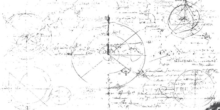 Abstract Mathematical Scribbles with Equations, Geometry Diagrams and White Paper Background