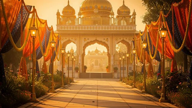Festive Religious Shrine Pathway Decorated With Colorful Drapes And Golden Domes