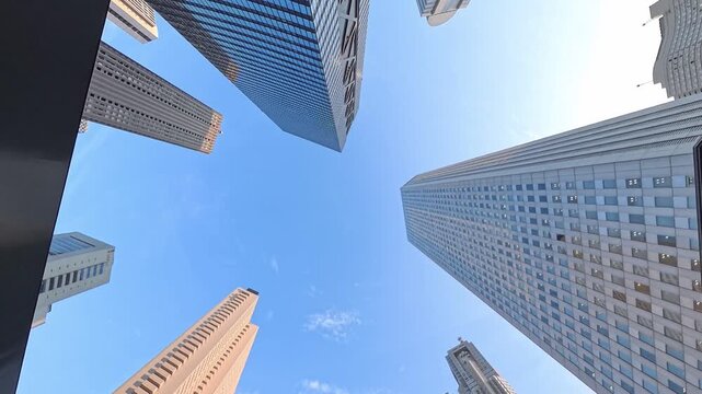 TOKYO, JAPAN - JUL 2026 : Directly below view of modern skyscrapers and office towers in Shinjuku business district at sunset. Japanese corporate business, financial hub and urban technology concept.