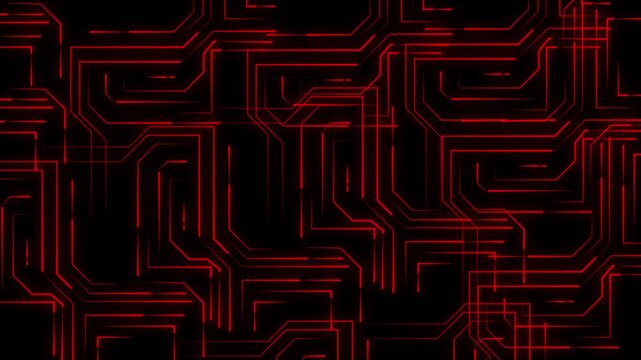 Abstract red circuit board lines pulse across a dark plane. High tech motherboard data streams flow on the red circuit board. Electronic hardware processing powers this red circuit board.