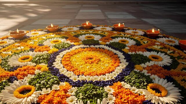 Intricate Floral Rangoli Decorated with Glowing Oil Lamps for Religious Festival Celebration