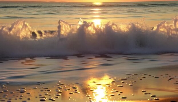 Golden sunset reflecting on ocean waves and wet sand, 4K video