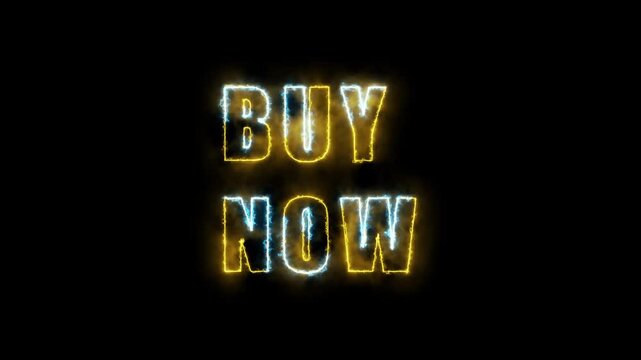 Neon buy now text glows brightly with electric energy sparks. Retail e-commerce shopping promotions highlight the buy now text. Digital store sale marketing drives this vivid buy now text.