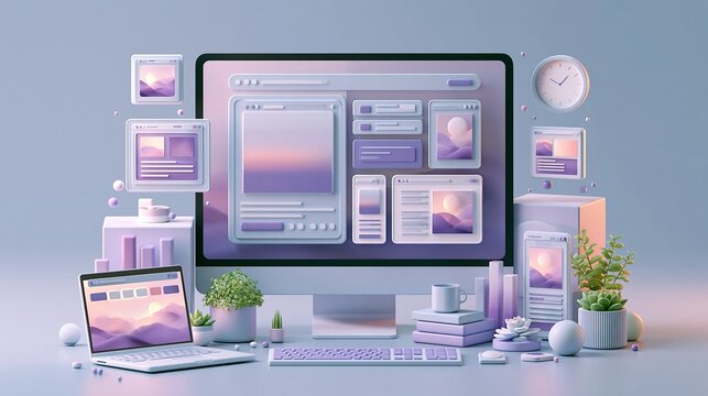 Desktop computer monitor with floating user interface windows and laptop showing creative web design elements in soft pastel purple colors