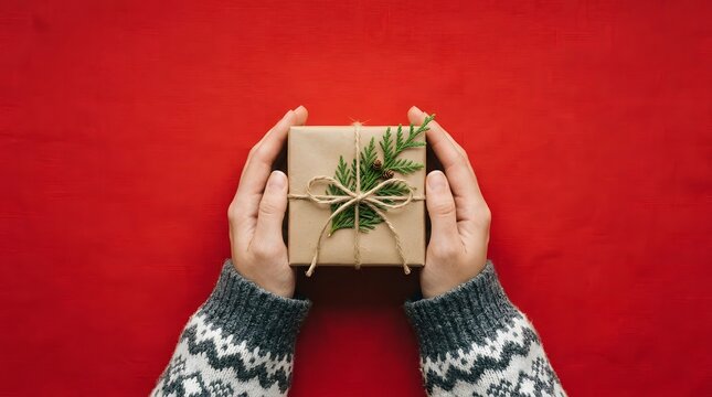 A festive christmas scene hands presenting a beautifully wrapped gift against a vibrant red background