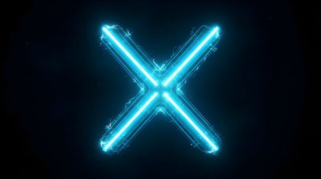 Glowing blue neon letter x illuminated with electric sparks and bright cinematic light against a dark deep black background environment