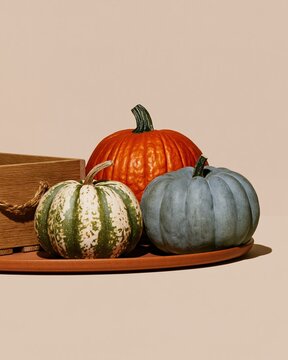 National pumpkin day composition with heirloom pumpkins and winter squash on a clay tray for autumn decor and seasonal marketing