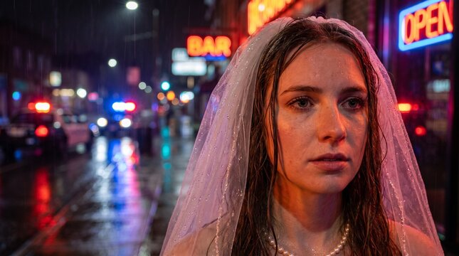 Cinematic portrait of runaway bride wearing a wet wedding dress