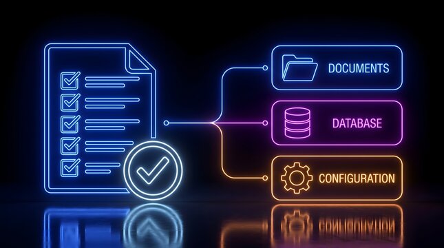 Data management system flowchart with checklist and icons