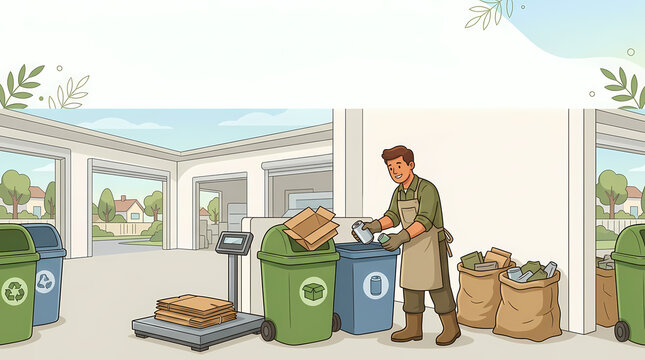A man is sorting recyclables in a garage with several recycling bins and sacks of sorted materials, demonstrating environmental responsibility and waste management.