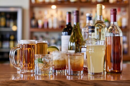 The Bar Display: Assorted Cocktails, Bottles, and Glasses on a Wooden Counter