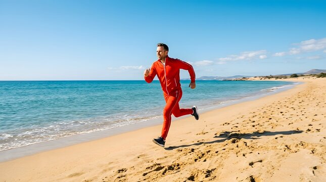A vibrant image of a runner in red enjoying a beautiful day on a tropical beach shoreline