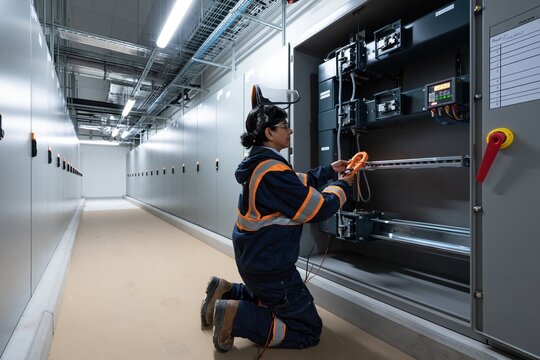 South Asian woman in protective gear using a clamp meter on electrical switchgear, focused and methodical in a grey industrial server hall