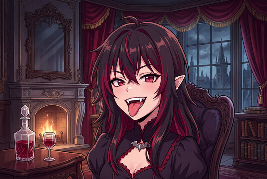 anime vampire girl with fangs in gothic castle parlor at halloween night