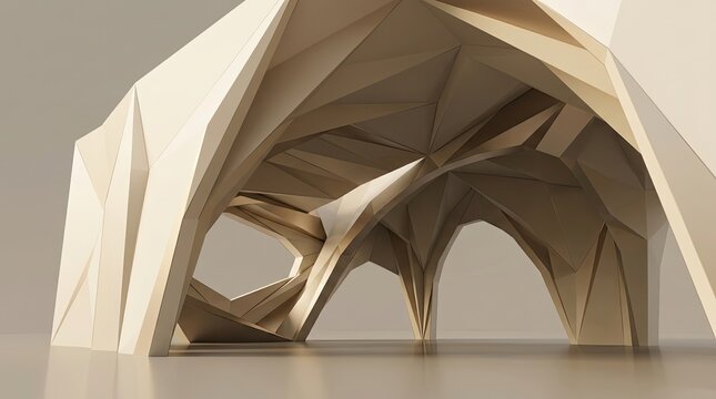 Modern beige parametric architectural pavilion structure low poly 3D rendering