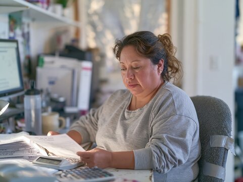 Broad-built woman calculating loan rates in a dim back office, weary and focused under amber lamplight for refinancing and business explainers