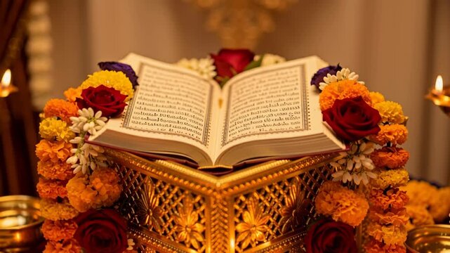 Holy book resting on ornate golden stand decorated with fresh marigold flower garlands and glowing oil lamps