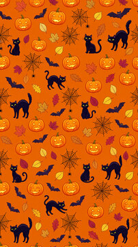 Halloween pattern with jack o lantern pumpkins and black cats and bats and spiderwebs and autumn leaves on orange background