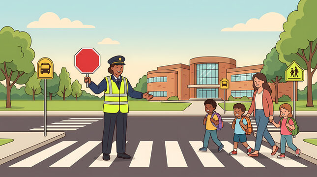 A traffic controller with a stop sign and a safety vest guides a mother and her children across a busy crosswalk in front of a school building, ensuring safety during school hours.