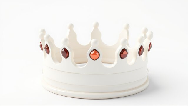 White crown with red gems. Regal headwear, symbol of power, royalty. Clean studio shot, simple background.