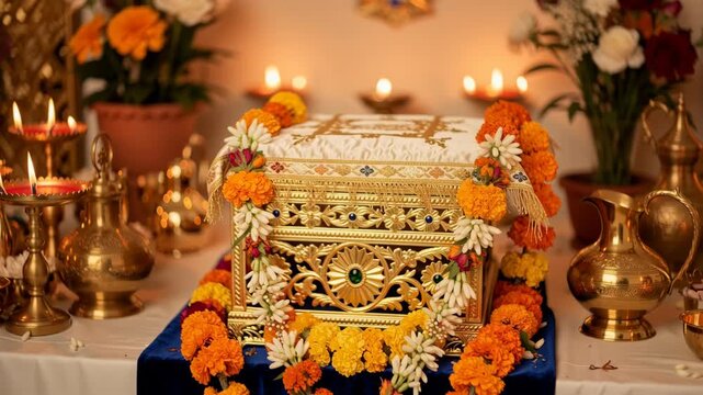 Decorated golden box with marigold flower garlands and glowing candles for religious celebration