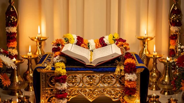 Open Sacred Holy Book On An Ornate Golden Altar Decorated With Flowers And Candles