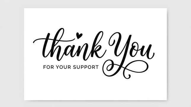 Elegant black calligraphy thank you for your support text isolated on a white background card