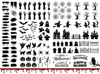 Obraz premium A black-and-white Halloween icon collection showcasing jack-o'-lanterns, ghosts, bats, witches, and haunted.