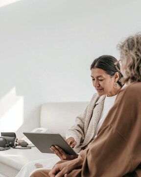 Native American physician and patient reviewing a digital tablet in a clinical room with matte surfaces, for tribal health and medical care
