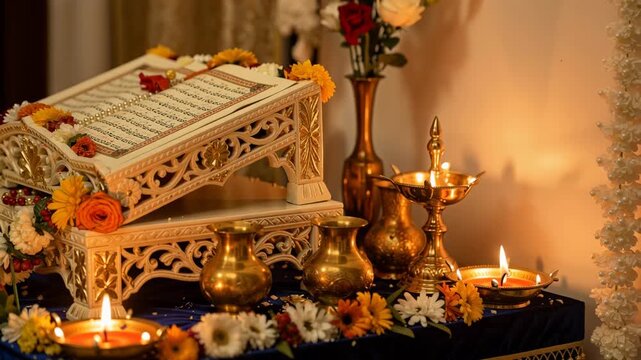 Sacred holy book resting on decorative stand with burning oil lamps during religious ceremony