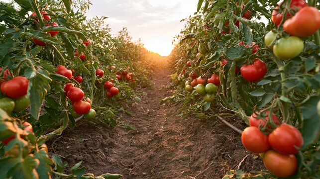 The Tomato Field in Sunset Light with Rows of Red and Green Fruits