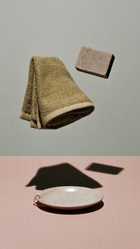 Folded cotton towel and bar of soap floating above a pink surface with a ribbon, clean and weightless for breast cancer awareness ads