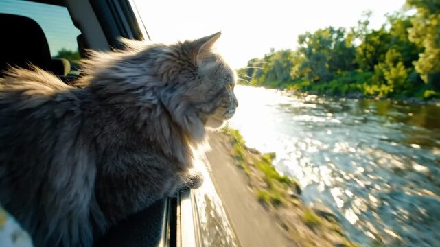 Curious fluffy cat rides in car window, watching bright riverbank slide past with intent stare. Sunlit fur and swift motion give longhaired cat travel style beside trees and shimmering water.