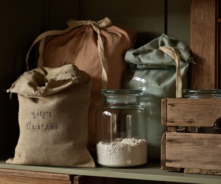 Canvas seed bags and glass storage jars with a coarse texture on a wooden shelf, set in a cold store-room for food sovereignty and winter backgrounds