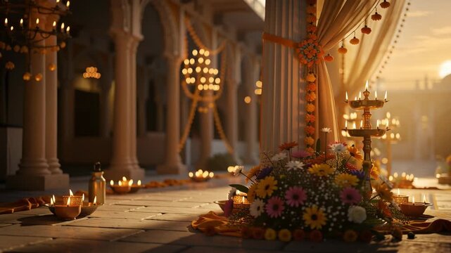 Golden sunrise lighting decorated shrine courtyard with oil lamps and floral arrangements