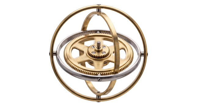 Vintage brass gyroscope with rotating gimbal rings. Mechanical gold and silver navigation instrument. Antique physics toy for science education. isolated PNG with Transparent Background